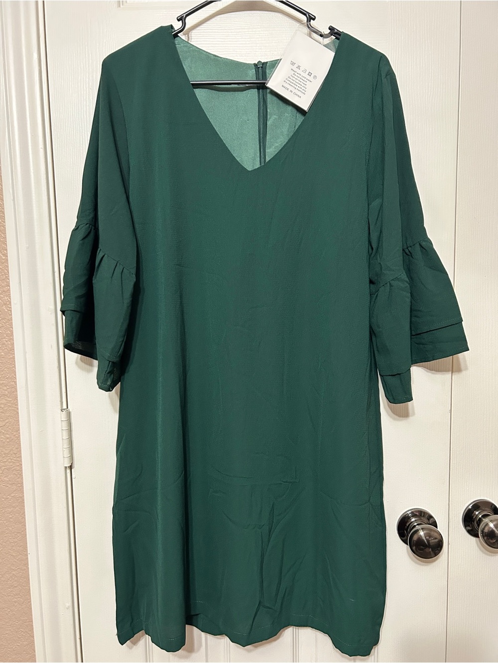 V-Neck Midi Dress in Emerald Green with Ruffle Sleeves
